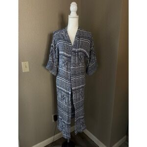 Rip Curl Womens Blue White Medallion Geo Print Long Open Front Kimono Duster OS